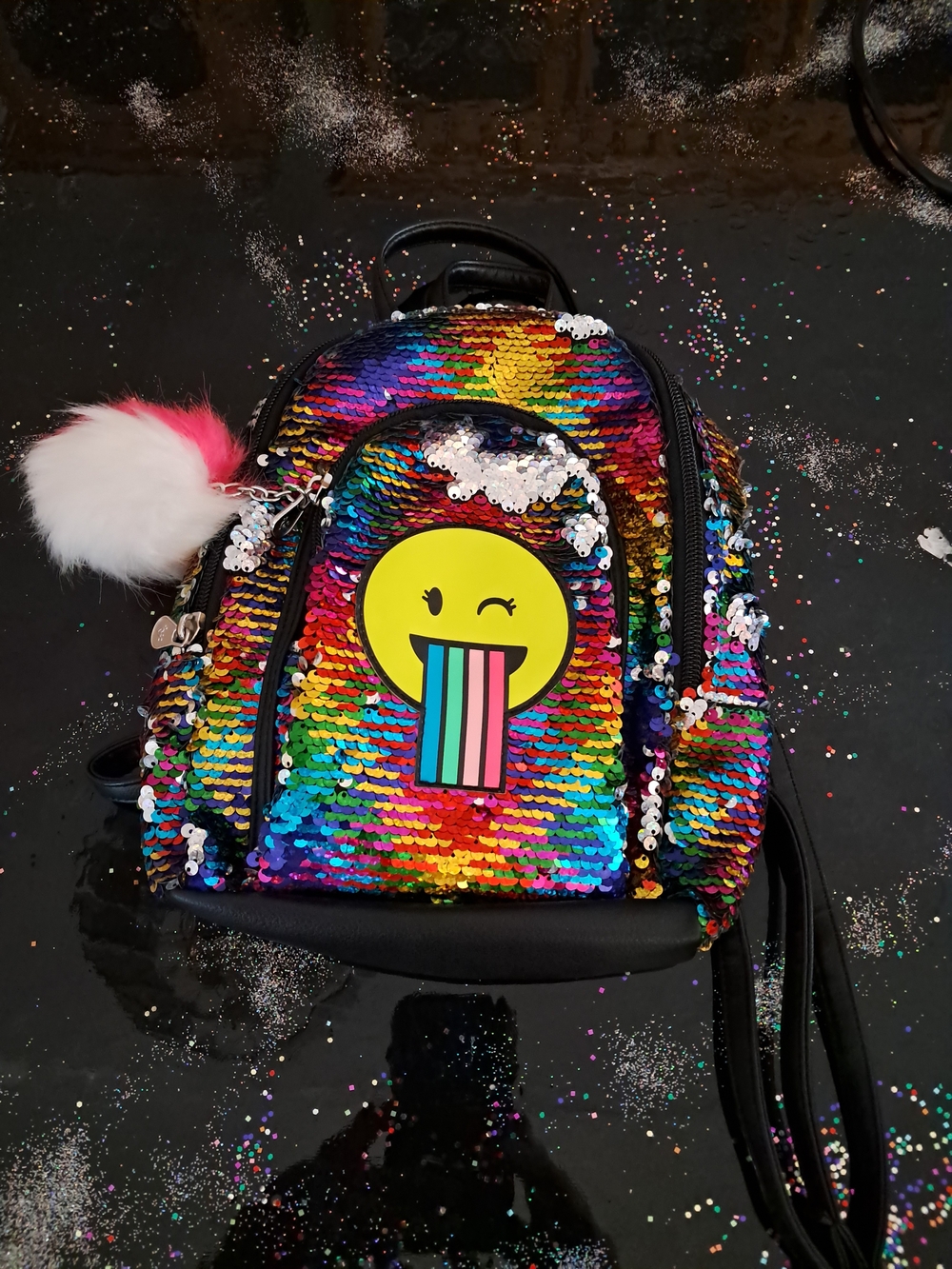 Sequin Rainbow Emoji Kids Mini Backpack with Pom Pom